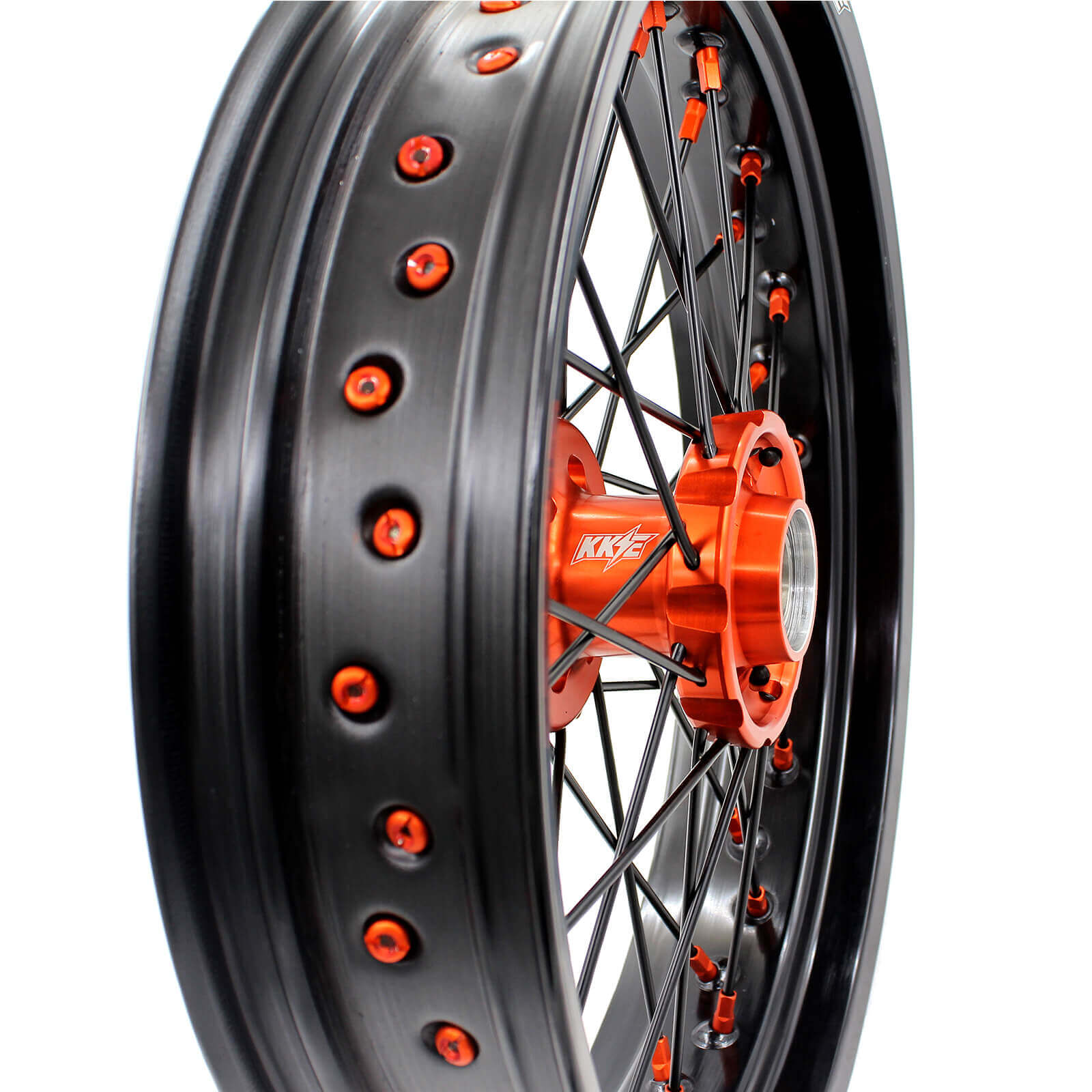 KKE 3.5/4.25 CNC SUPERMOTO WHEELS SET FOR KTM 125-530 2003-2019 ORANGE NIPPLE BLACK SPOKE - KKE Racing