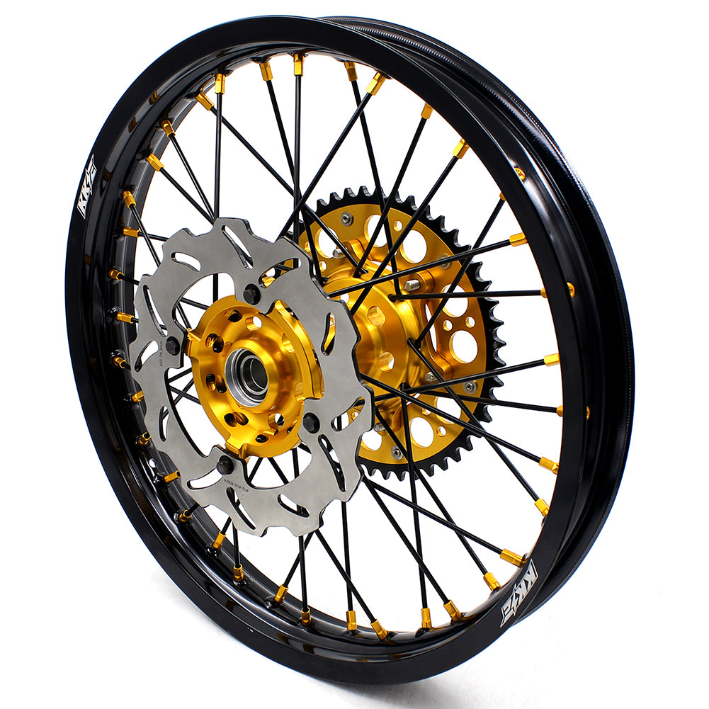 KKE FRONT 1.6*21 REAR 2.15*19 MX WHEELS RIMS SET FOR SUZUKI RMZ250 07-19 RMZ450 05-19 GOLD NIPPLE BLACK SPOKE - KKE Racing
