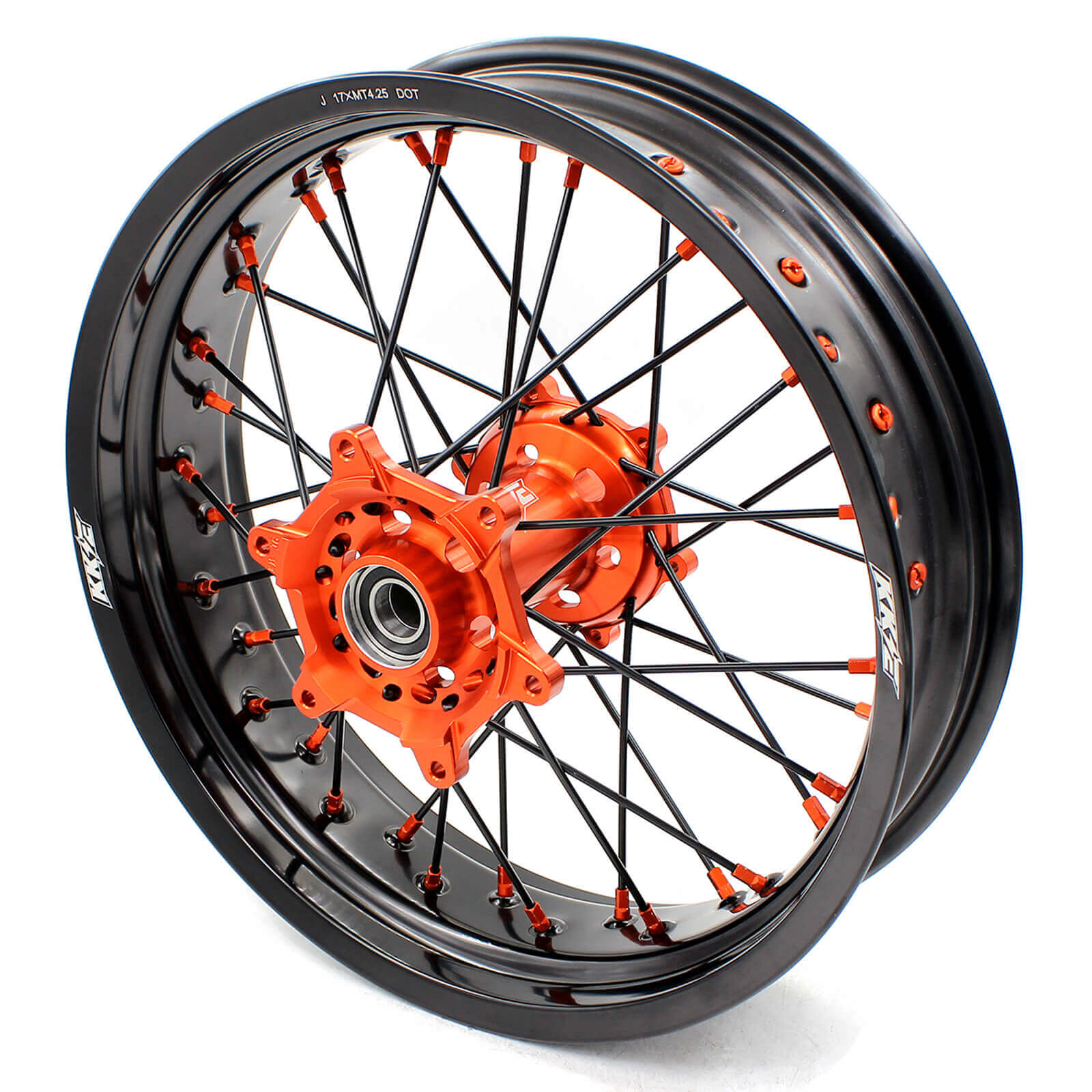 KKE 3.5/4.25 CNC SUPERMOTO WHEELS SET FOR KTM 125-530 2003-2019 ORANGE NIPPLE BLACK SPOKE - KKE Racing