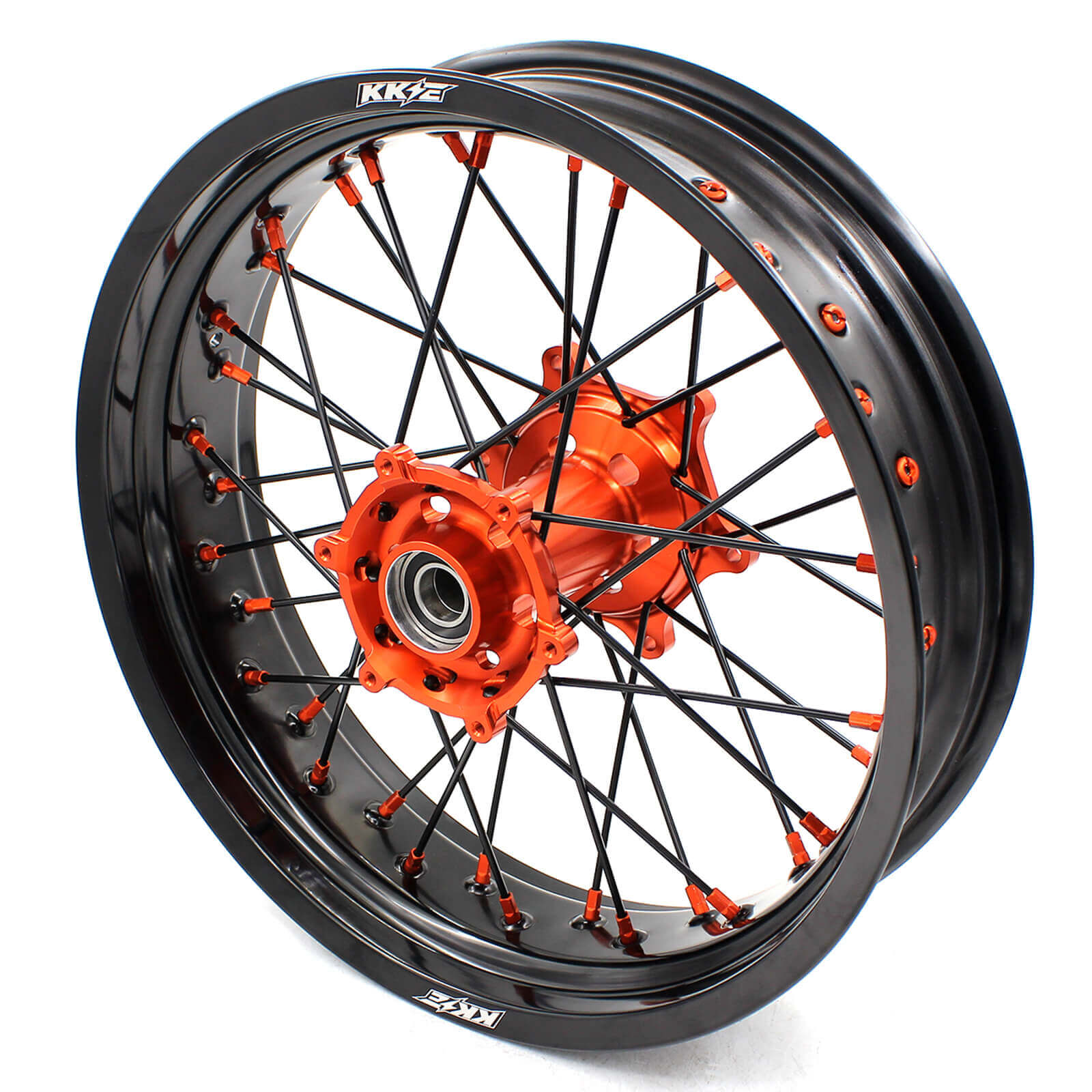 KKE 3.5/4.25 CNC SUPERMOTO WHEELS SET FOR KTM 125-530 2003-2019 ORANGE NIPPLE BLACK SPOKE - KKE Racing