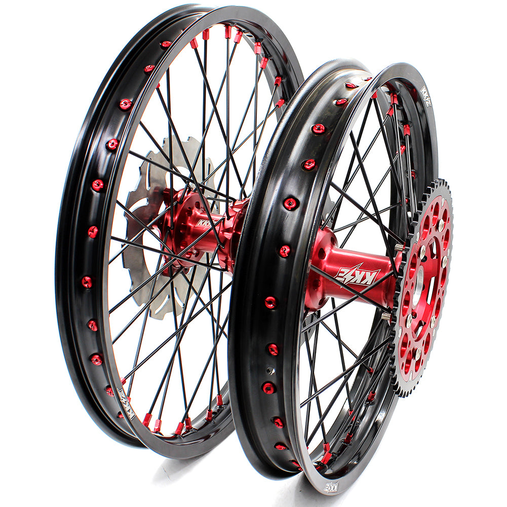 KKE 21/18 ENDURO DIRT BIKES WHEELS RIMS SET FOR HONDA XR650R 2000-2008 RED NIPPLE BLACK SPOKE DISCS - KKE Racing