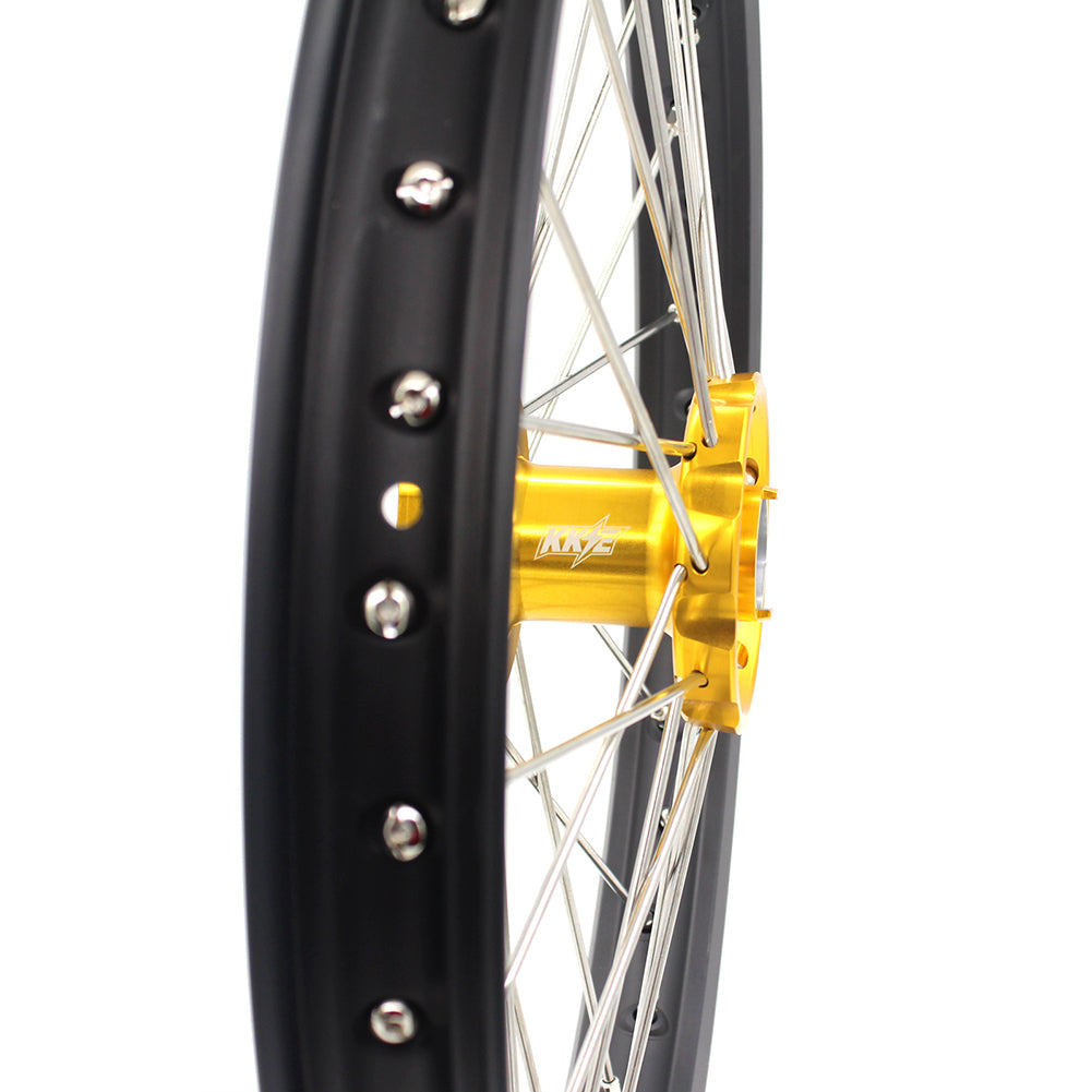 KKE 21 & 18 CNC SPOKED ENDURO WHEELS RIMS SET FOR SUZUKI DRZ400 00-04 DRZ400E 00-07 DRZ400S 00-18 GOLD HUB BLACK RIM - KKE Racing