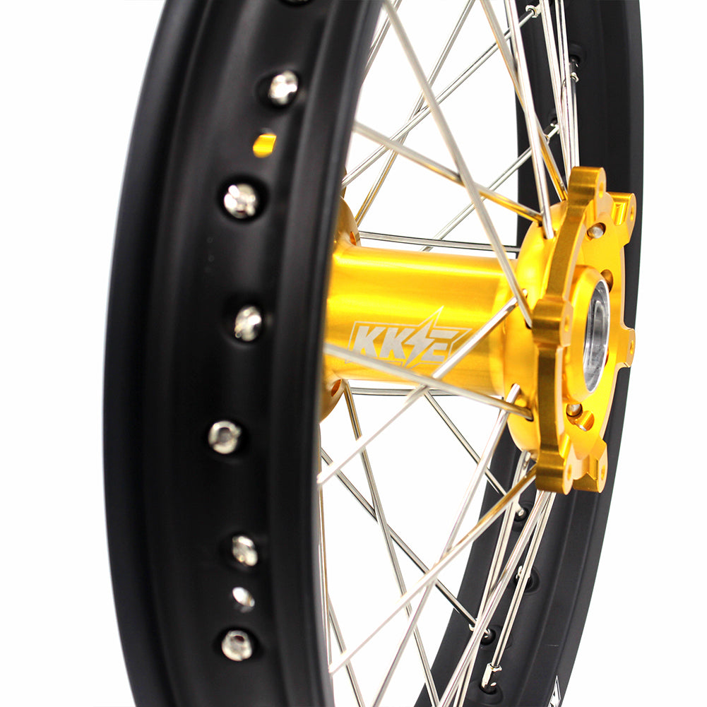 KKE 21 & 18 CNC SPOKED ENDURO WHEELS RIMS SET FOR SUZUKI DRZ400 00-04 DRZ400E 00-07 DRZ400S 00-18 GOLD HUB BLACK RIM - KKE Racing