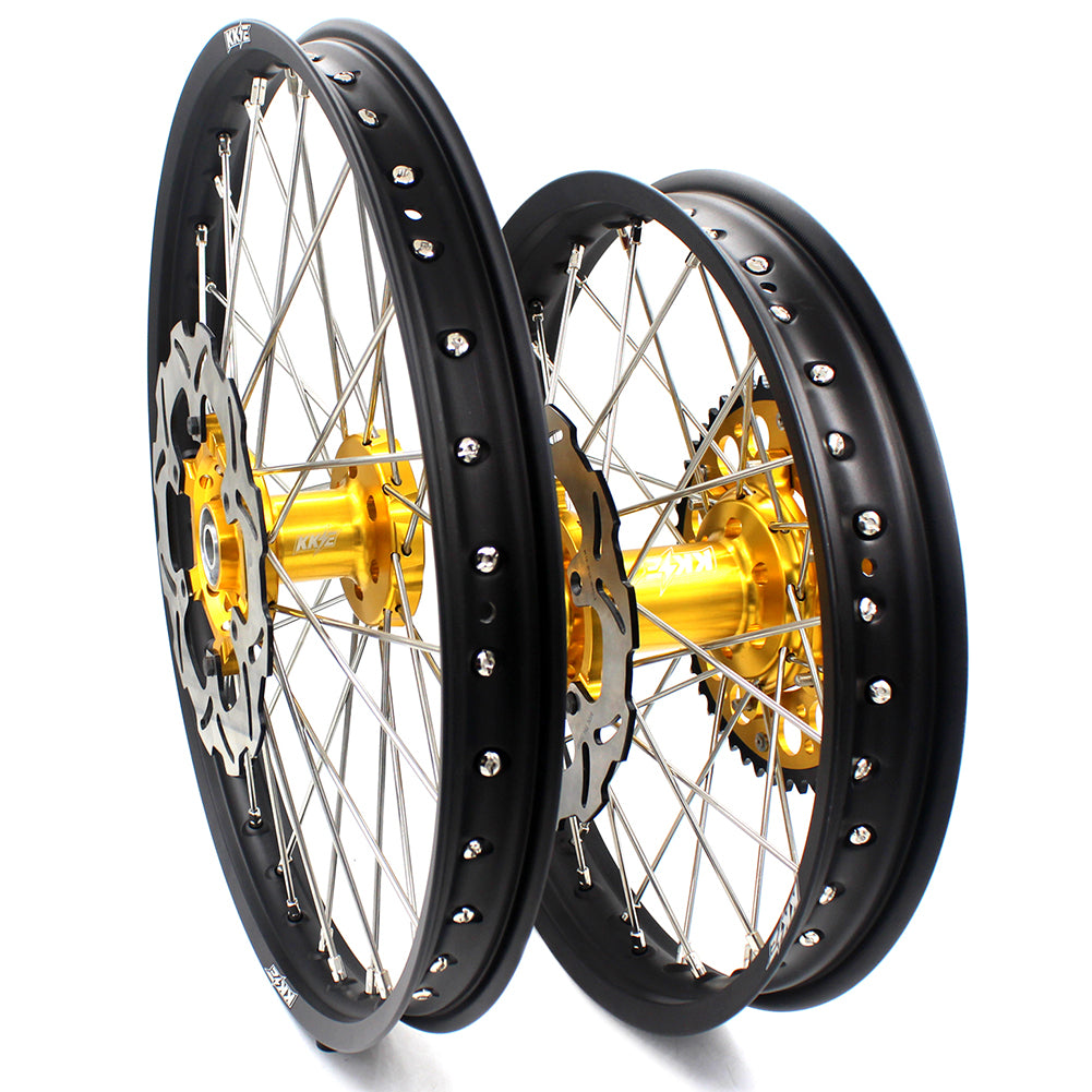 KKE 21 & 18 CNC SPOKED ENDURO WHEELS RIMS SET FOR SUZUKI DRZ400 00-04 DRZ400E 00-07 DRZ400S 00-18 GOLD HUB BLACK RIM - KKE Racing