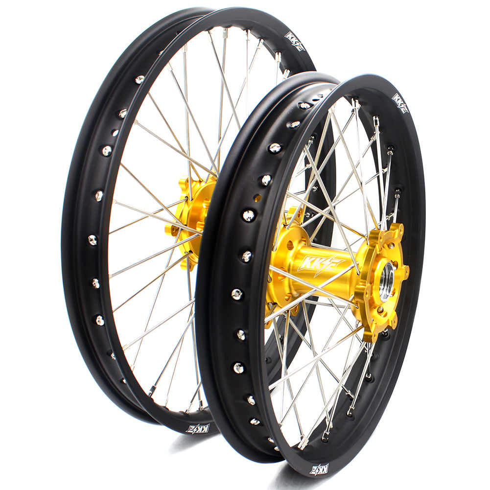 KKE 21 & 18 CNC SPOKED ENDURO WHEELS RIMS SET FOR SUZUKI DRZ400 00-04 DRZ400E 00-07 DRZ400S 00-18 GOLD HUB BLACK RIM - KKE Racing