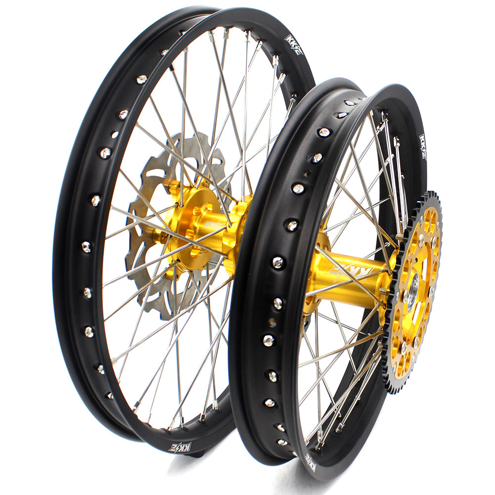 KKE 21 & 18 CNC SPOKED ENDURO WHEELS RIMS SET FOR SUZUKI DRZ400 00-04 DRZ400E 00-07 DRZ400S 00-18 GOLD HUB BLACK RIM - KKE Racing