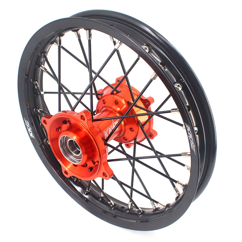 KKE 17 & 14 Small Kids Wheels Rims for KTM 85 SX 2021-2024 Orange Hub Black Spoke