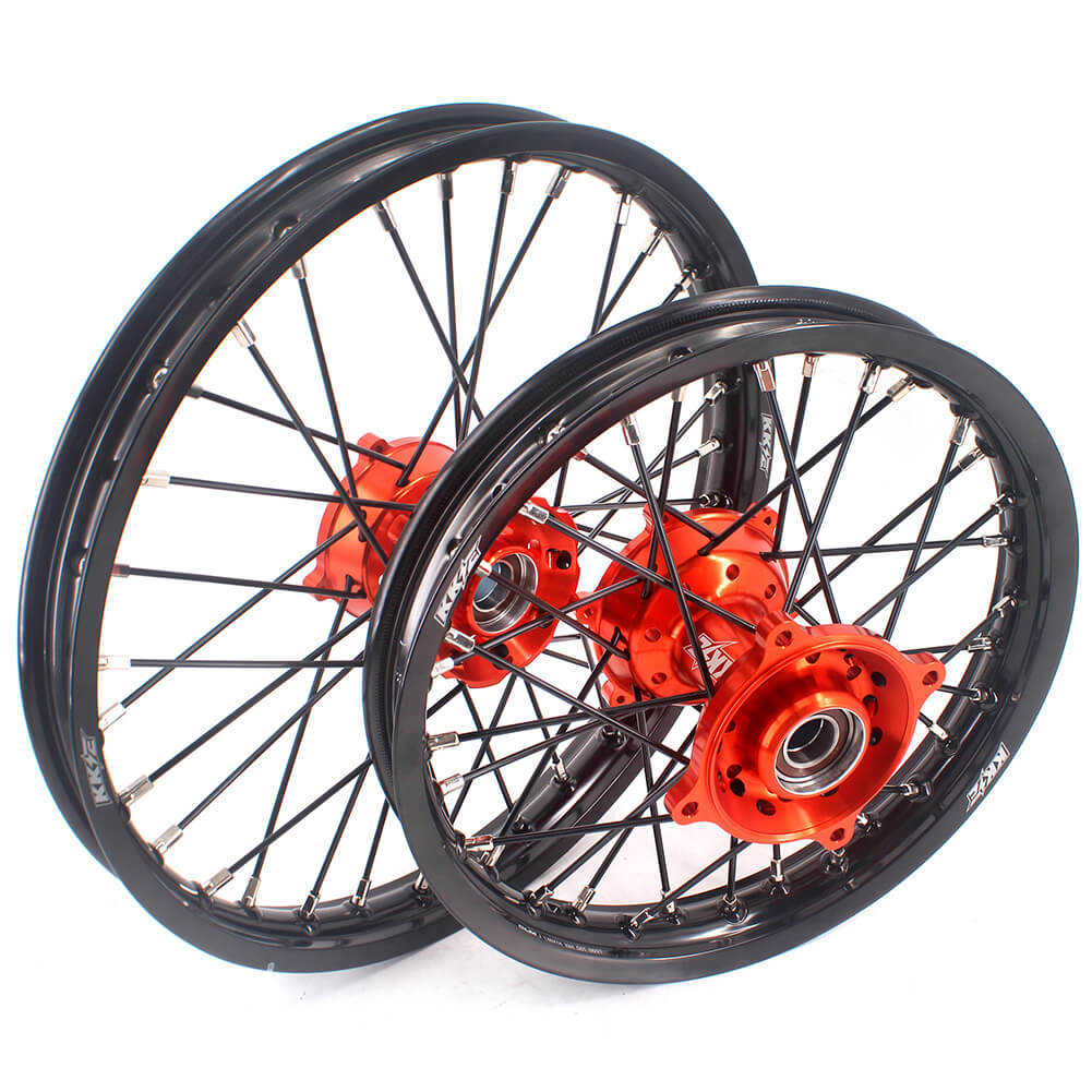 KKE 17 & 14 Small Kids Wheels Rims for KTM 85 SX 2021-2024 Orange Hub Black Spoke