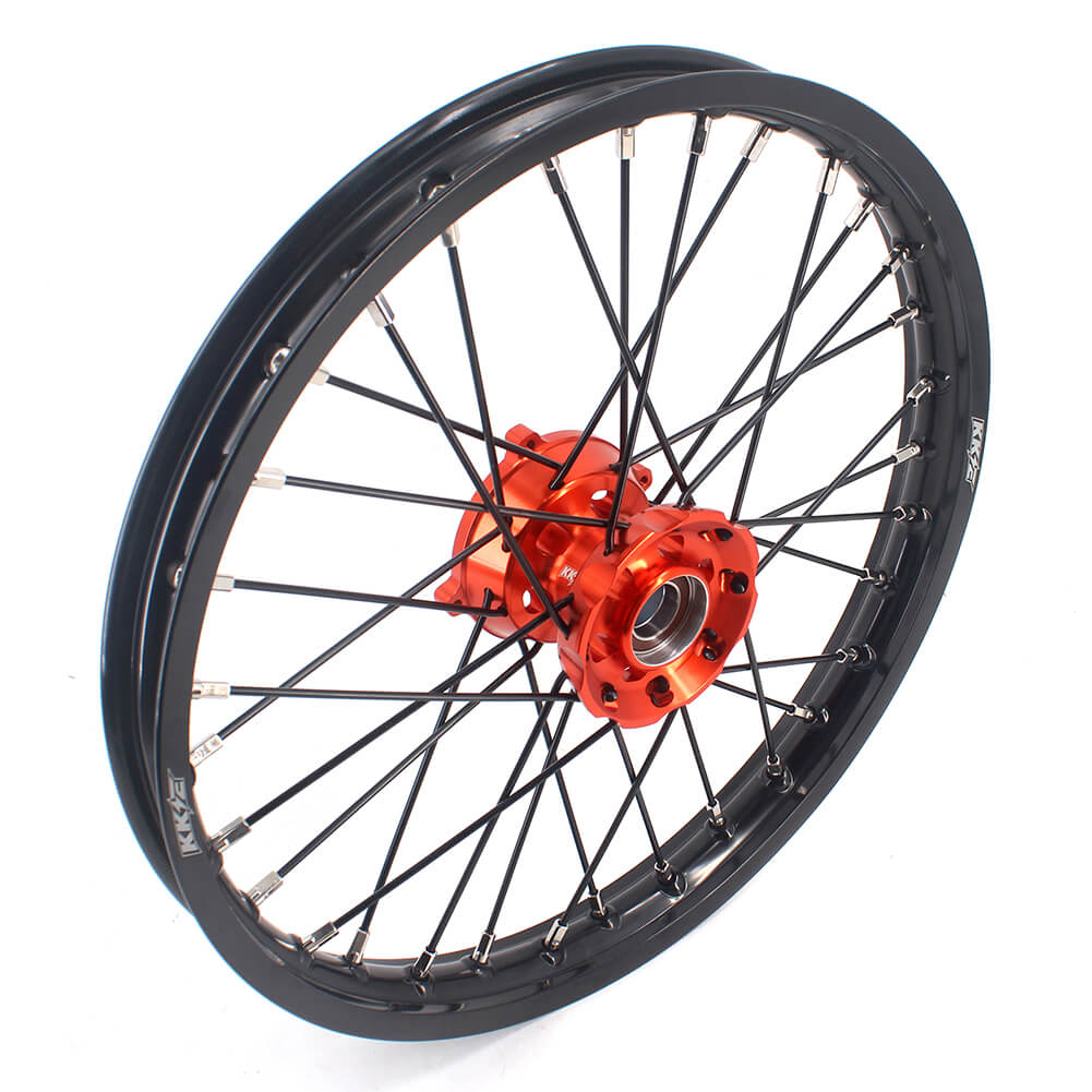 KKE 17 & 14 Small Kids Wheels Rims for KTM 85 SX 2021-2024 Orange Hub Black Spoke