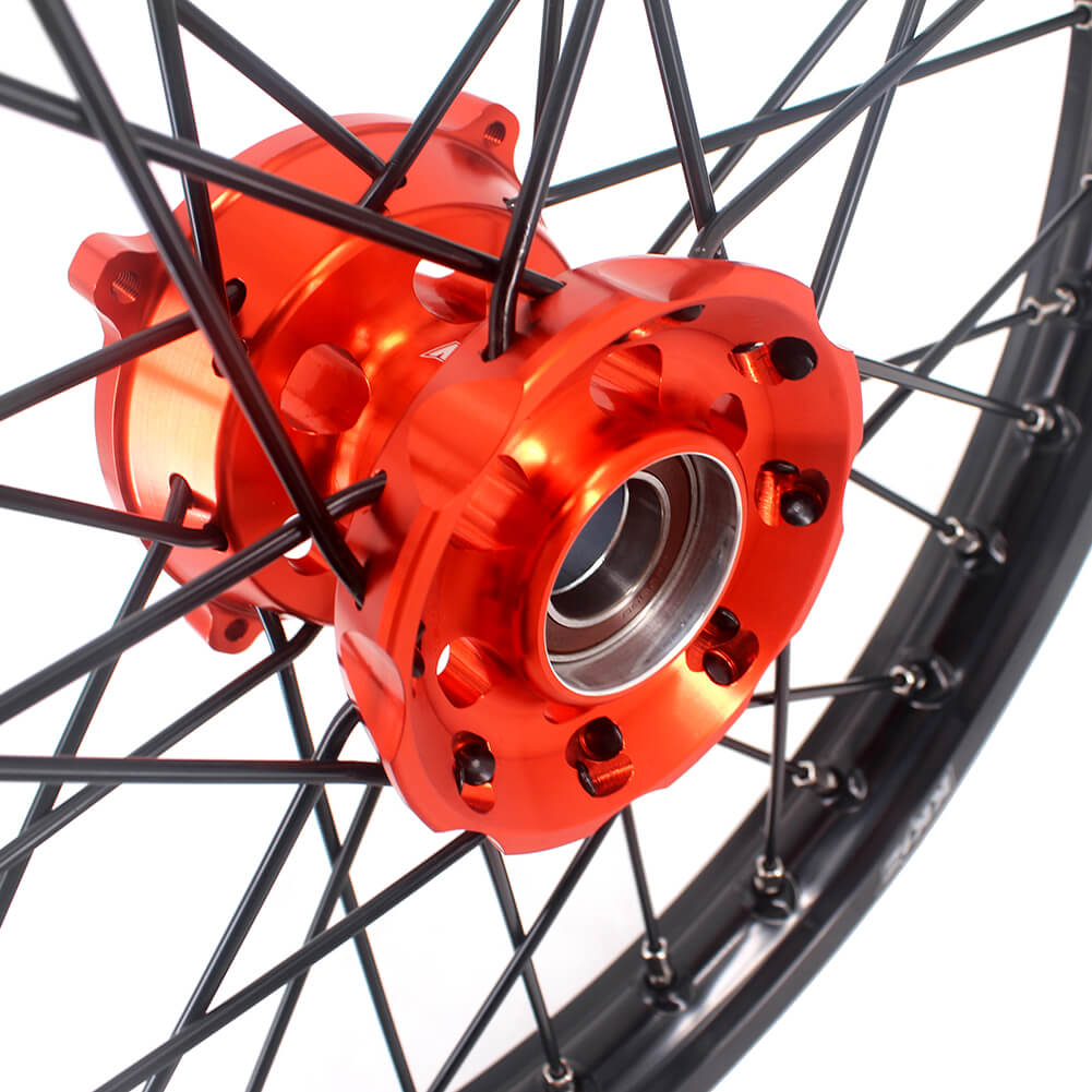 KKE 17 & 14 Small Kids Wheels Rims for KTM 85 SX 2021-2024 Orange Hub Black Spoke