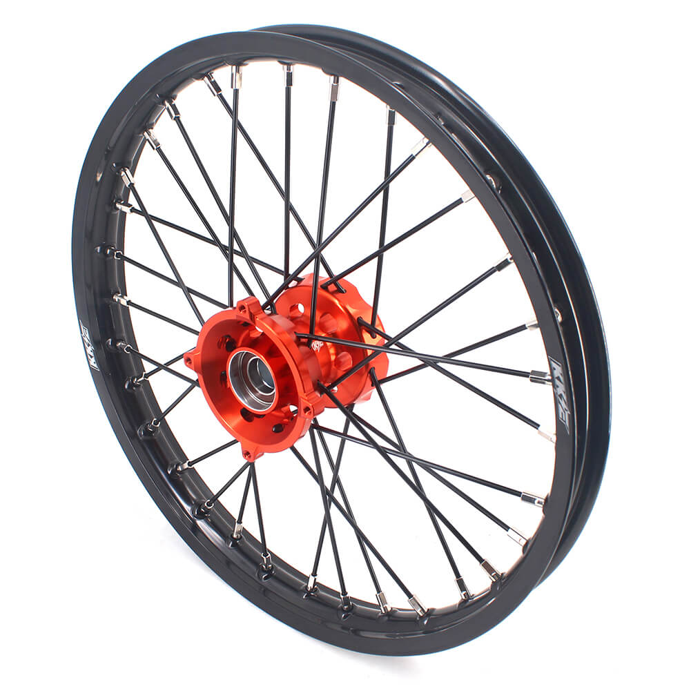KKE 17 & 14 Small Kids Wheels Rims for KTM 85 SX 2021-2024 Orange Hub Black Spoke