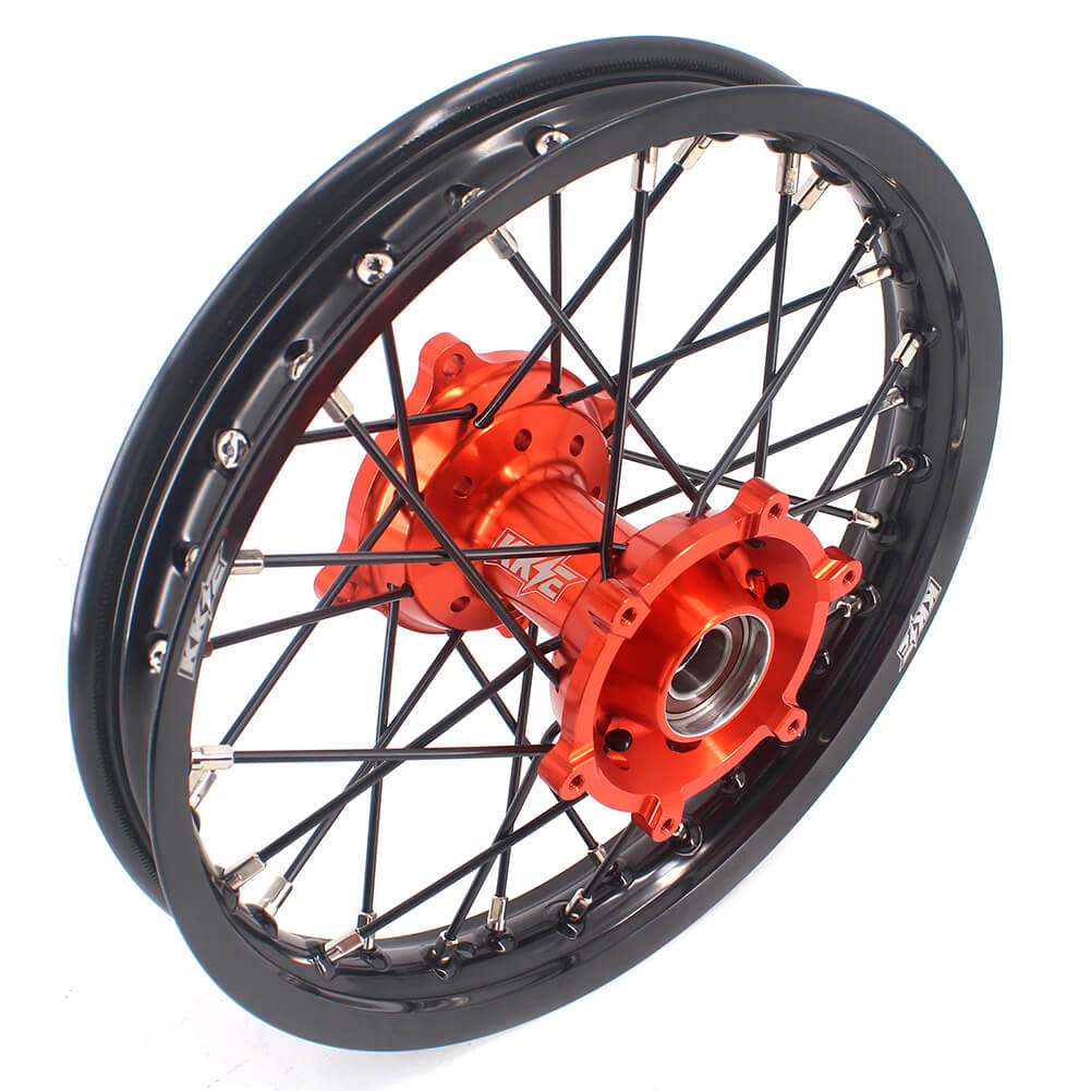 KKE 17 & 14 Small Kids Wheels Rims for KTM 85 SX 2021-2024 Orange Hub Black Spoke
