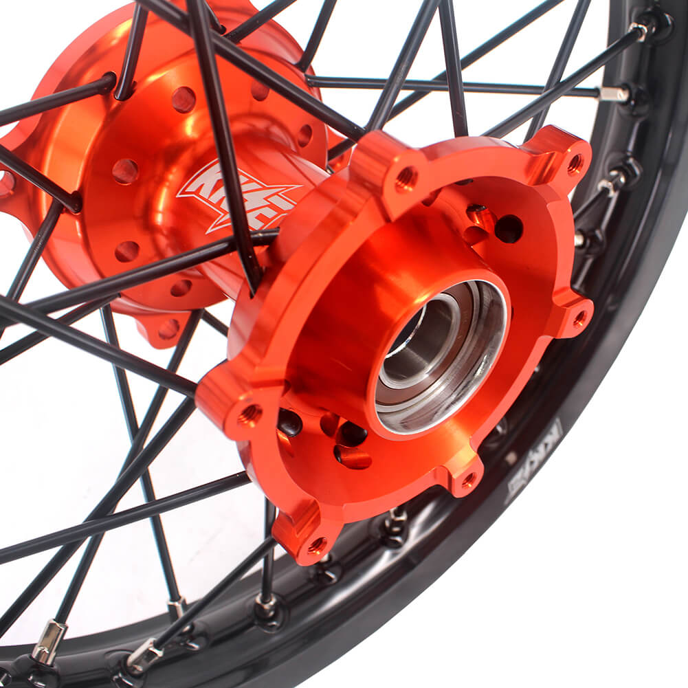 KKE 17 & 14 Small Kids Wheels Rims for KTM 85 SX 2021-2024 Orange Hub Black Spoke