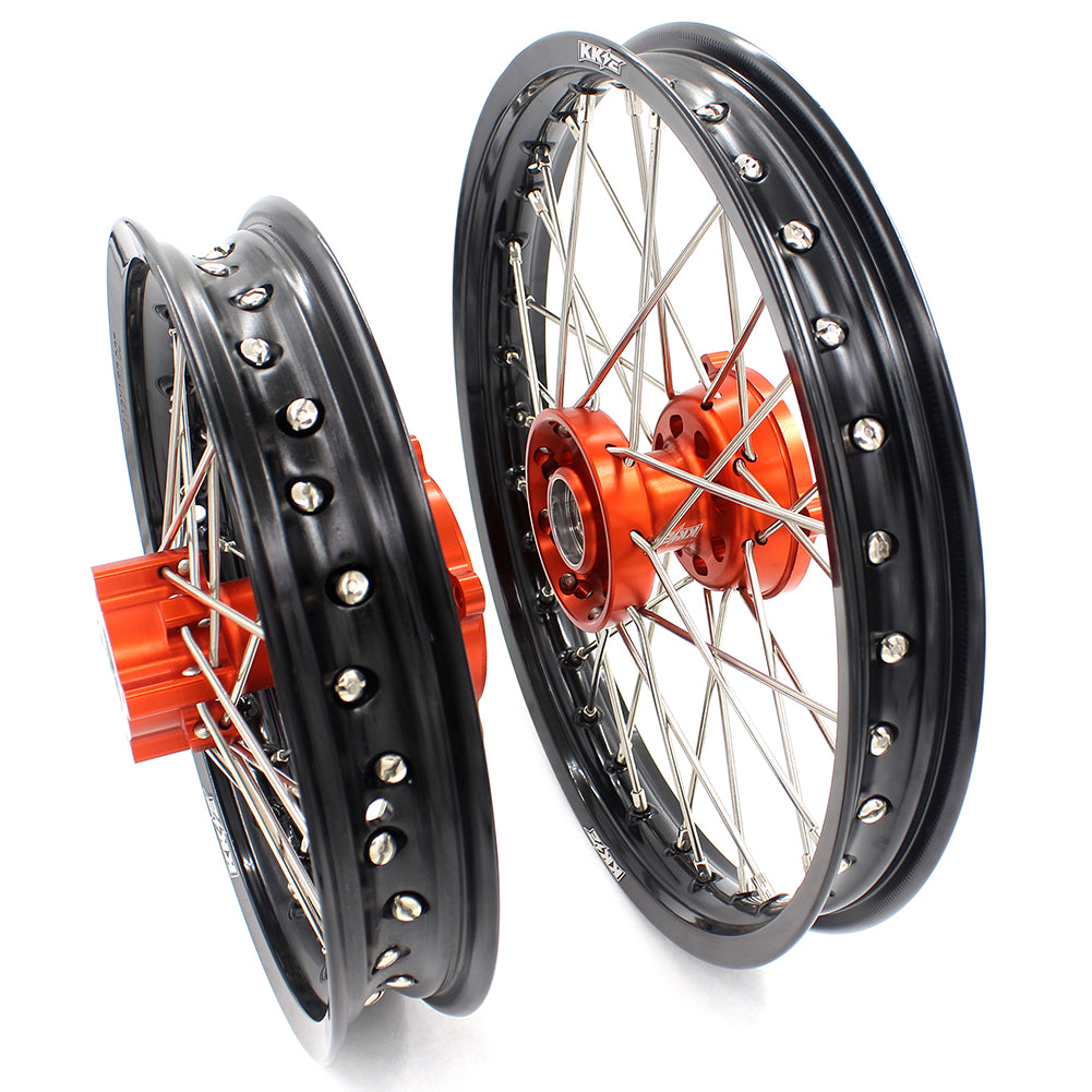 KKE 1.4*14 1.6*12 SPOKED KID'S WHEELS RIMS SET FOR KTM 50 SX 2014-2016 ORANGE CNC HUBS BLACK RIMS - KKE Racing