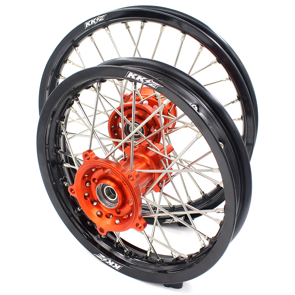 KKE 1.4*14 1.6*12 SPOKED KID'S WHEELS RIMS SET FOR KTM 50 SX 2014-2016 ORANGE CNC HUBS BLACK RIMS - KKE Racing