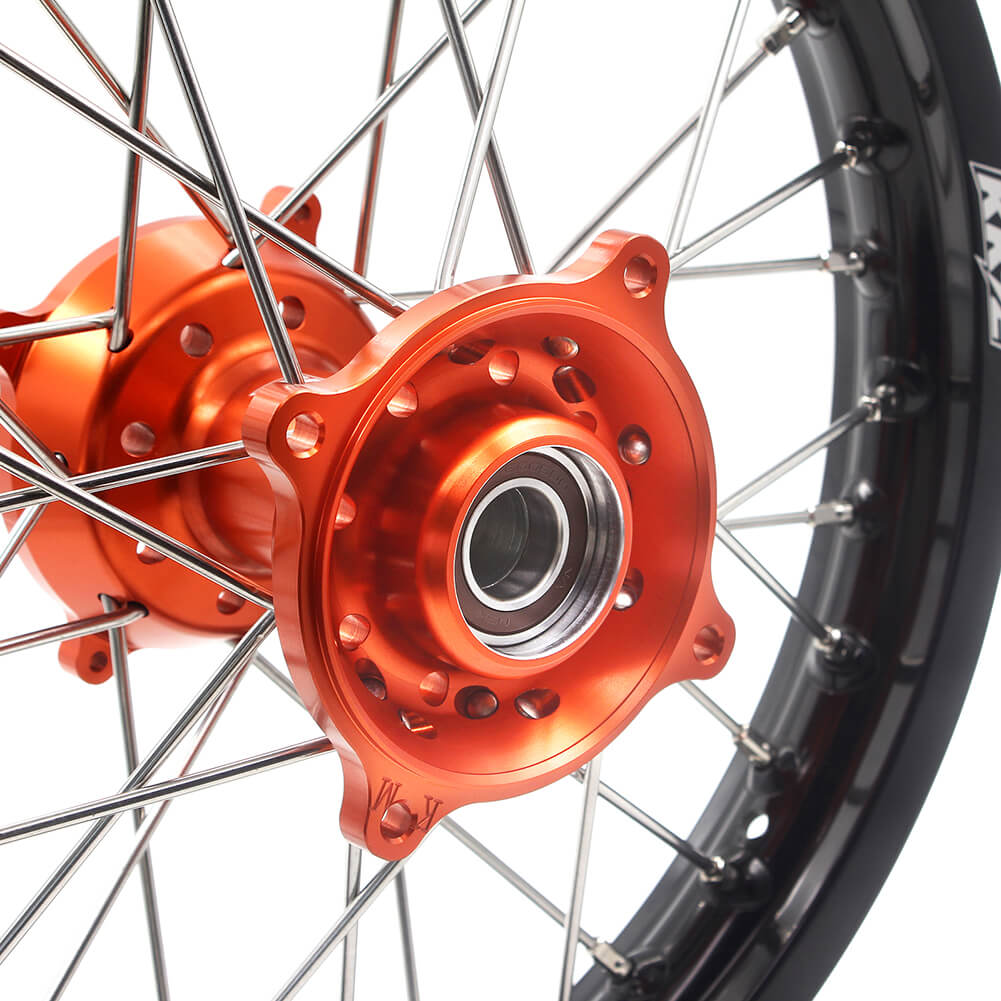 KKE 19/16 BIG KID'S WHEELS SET FOR KTM 85 SX 2003-2018 ORANGE CNC HUB BLACK ALUMINUM RIMS - KKE Racing