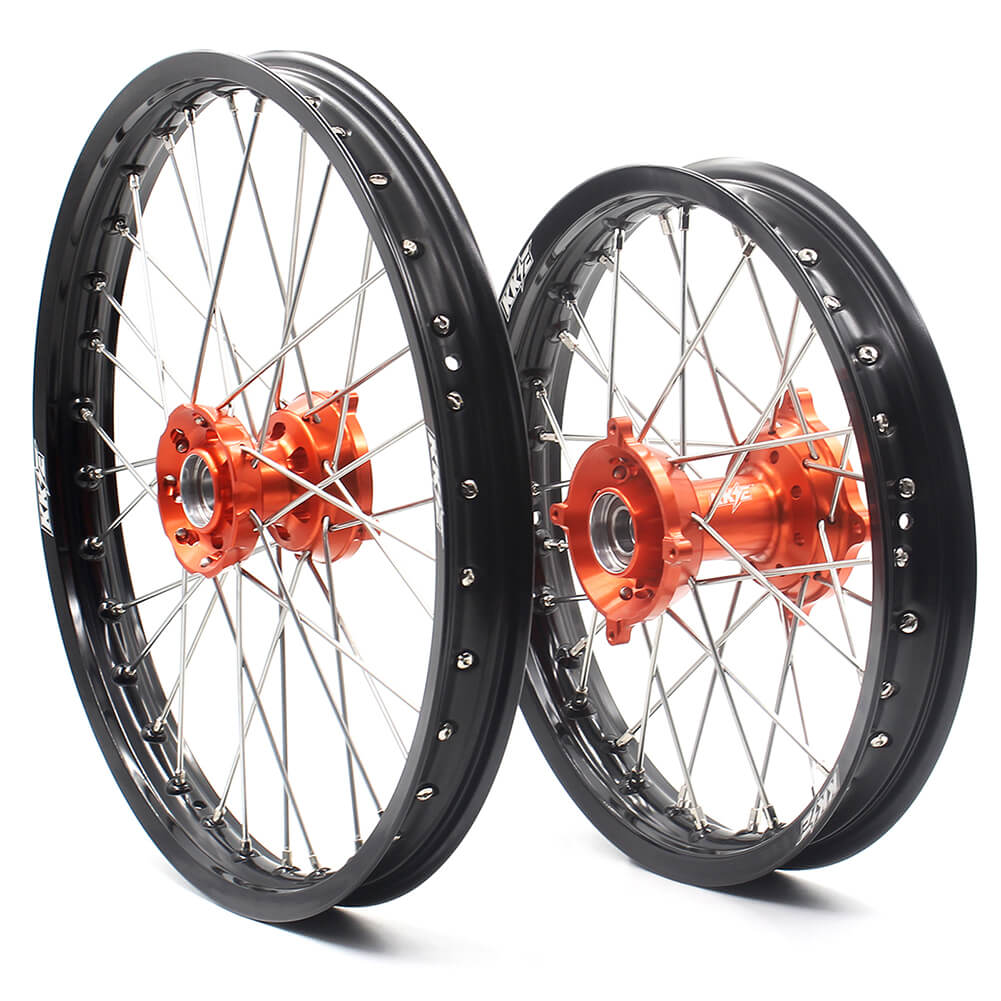 KKE 19/16 BIG KID'S WHEELS SET FOR KTM 85 SX 2003-2018 ORANGE CNC HUB BLACK ALUMINUM RIMS - KKE Racing