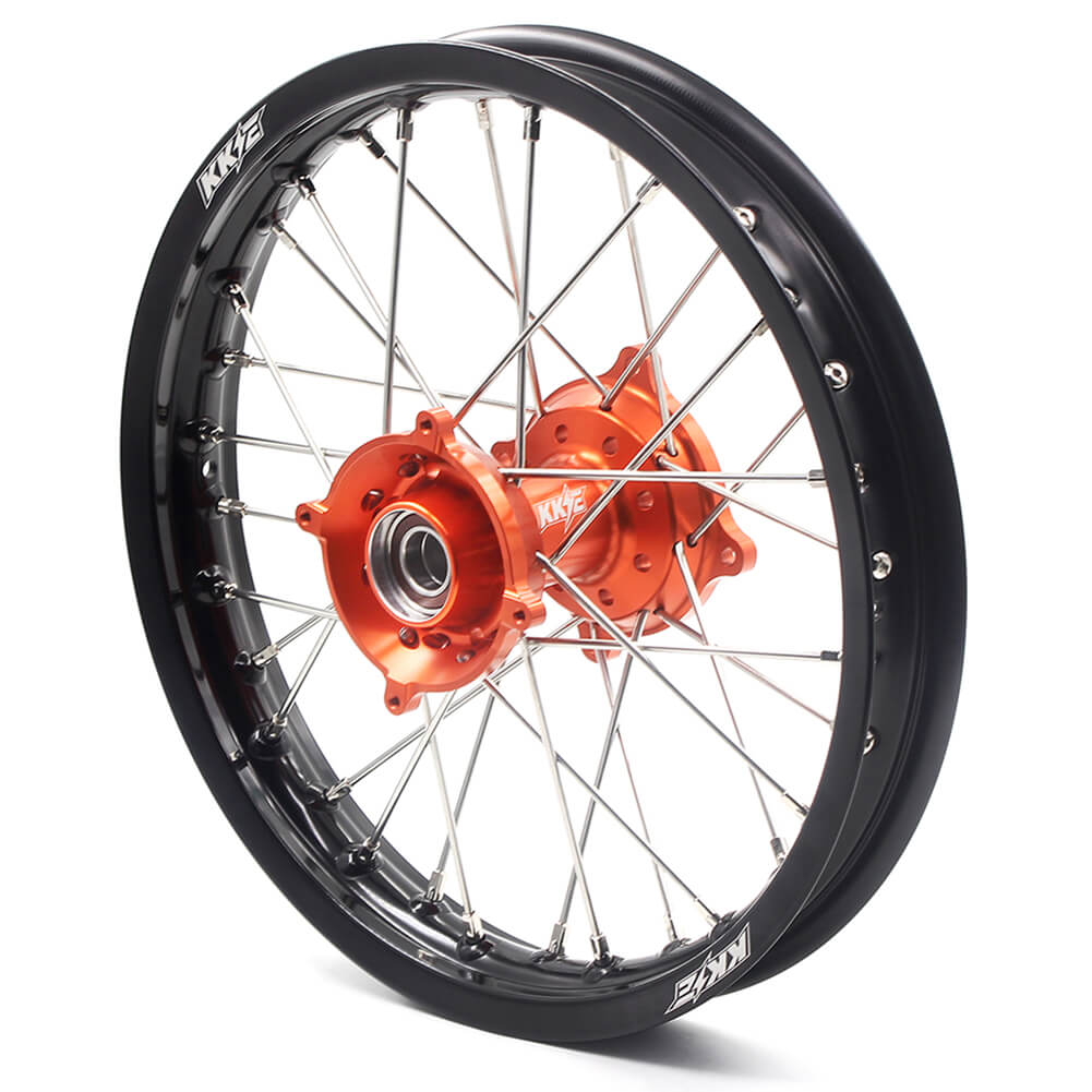 KKE 19/16 BIG KID'S WHEELS SET FOR KTM 85 SX 2003-2018 ORANGE CNC HUB BLACK ALUMINUM RIMS - KKE Racing