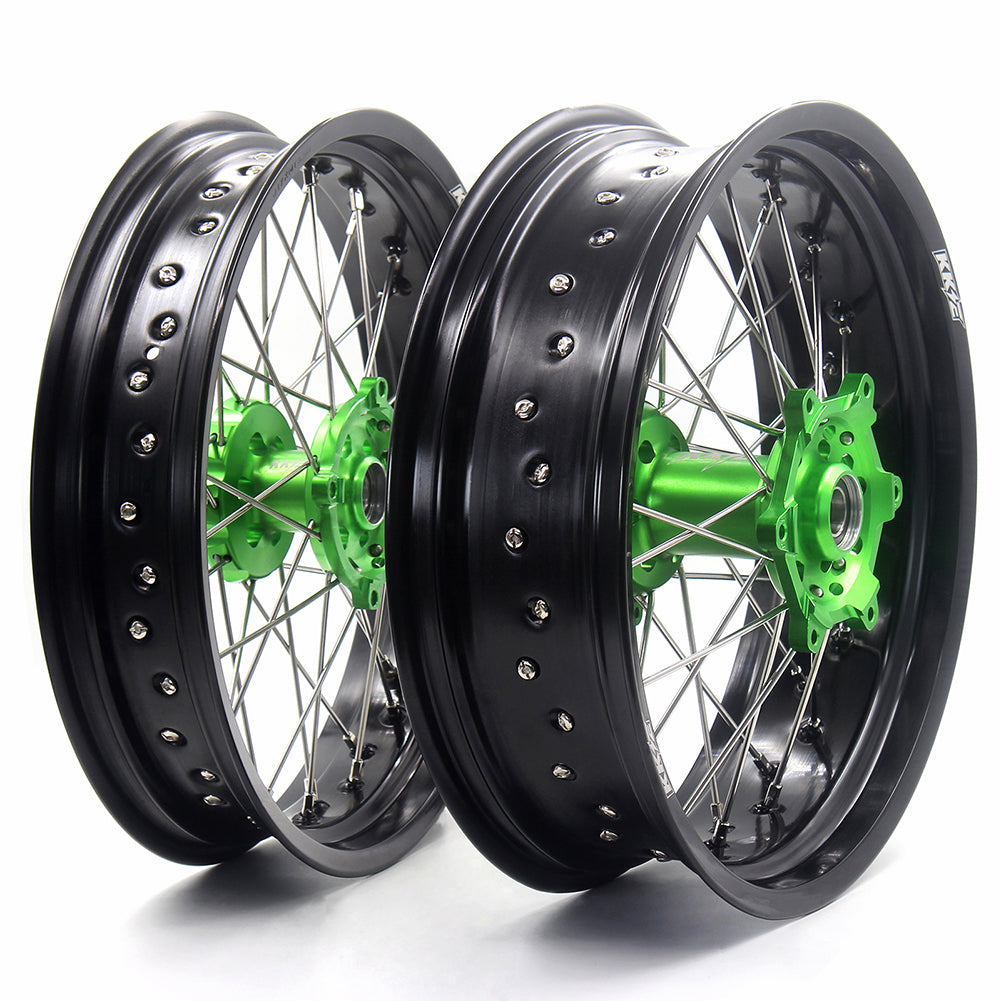 KKE 3.5/4.25 17IN. SUPERMOTO WHEELS RIMS SET FOR KAWASAKI KX250F KX450F 2006-2018 GREEN HUB BLACK RIMS - KKE Racing