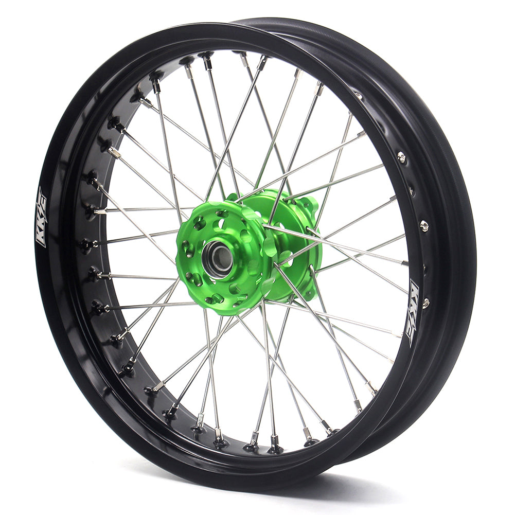 KKE 3.5/4.25 17IN. SUPERMOTO WHEELS RIMS SET FOR KAWASAKI KX250F KX450F 2006-2018 GREEN HUB BLACK RIMS - KKE Racing