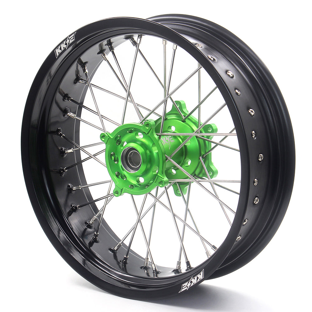 KKE 3.5/4.25 17IN. SUPERMOTO WHEELS RIMS SET FOR KAWASAKI KX250F KX450F 2006-2018 GREEN HUB BLACK RIMS - KKE Racing