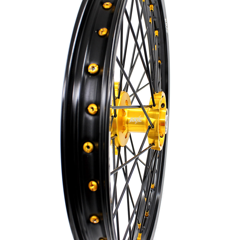 KKE 21/18 CNC ENDURO WHEELS RIMS SET FOR SUZUKI RM125 1996-2007 RM250 1996-2008 GOLD NIPPLE BLACK SPOKE - KKE Racing