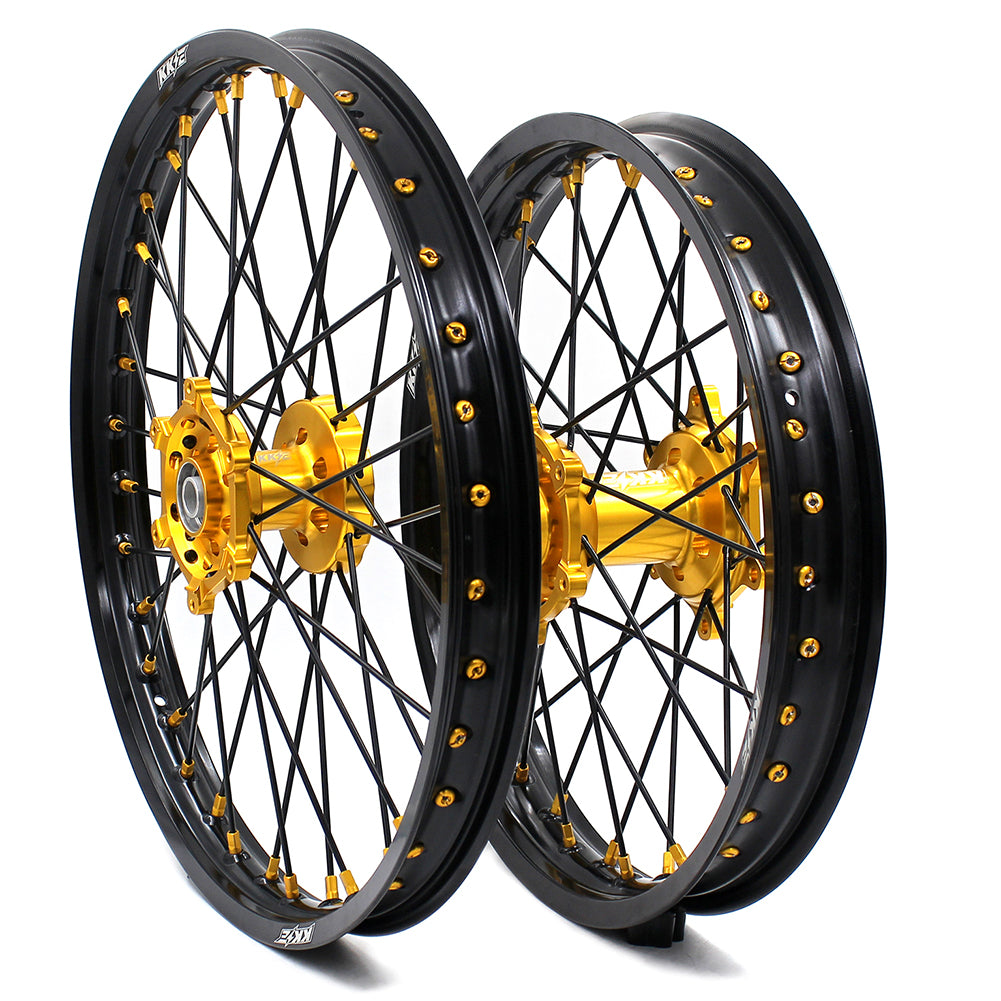 KKE 21/18 CNC ENDURO WHEELS RIMS SET FOR SUZUKI RM125 1996-2007 RM250 1996-2008 GOLD NIPPLE BLACK SPOKE - KKE Racing