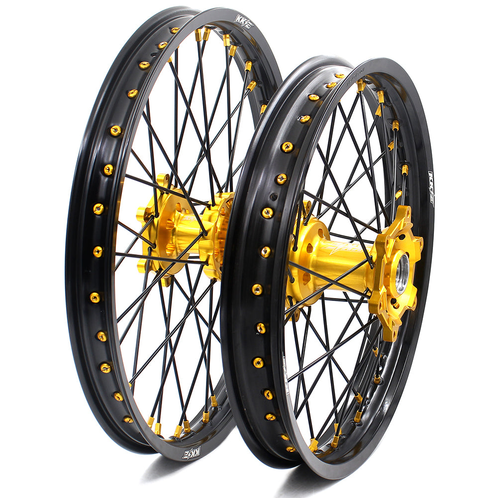 KKE 21/18 CNC ENDURO WHEELS RIMS SET FOR SUZUKI RM125 1996-2007 RM250 1996-2008 GOLD NIPPLE BLACK SPOKE - KKE Racing