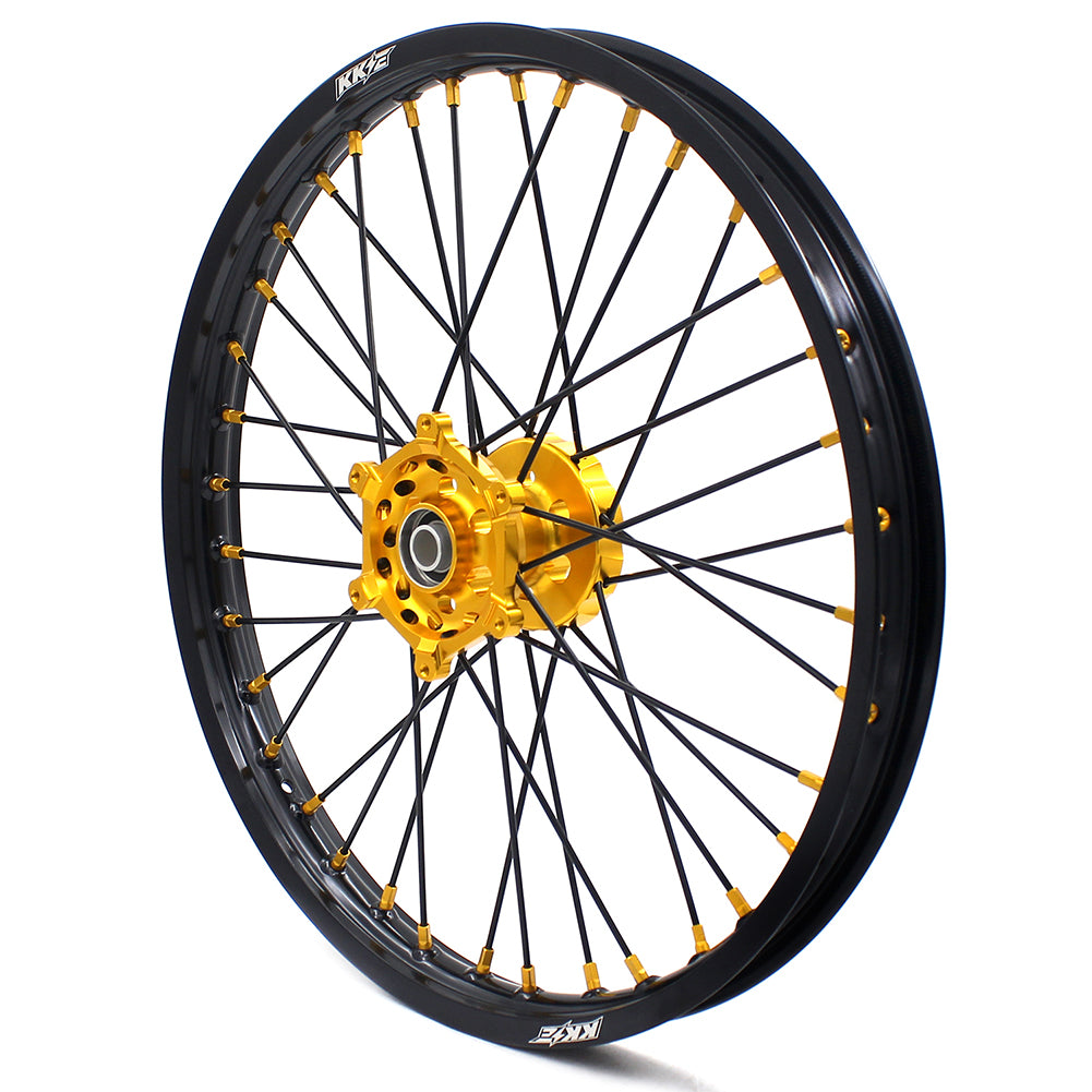 KKE 21/18 CNC ENDURO WHEELS RIMS SET FOR SUZUKI RM125 1996-2007 RM250 1996-2008 GOLD NIPPLE BLACK SPOKE - KKE Racing