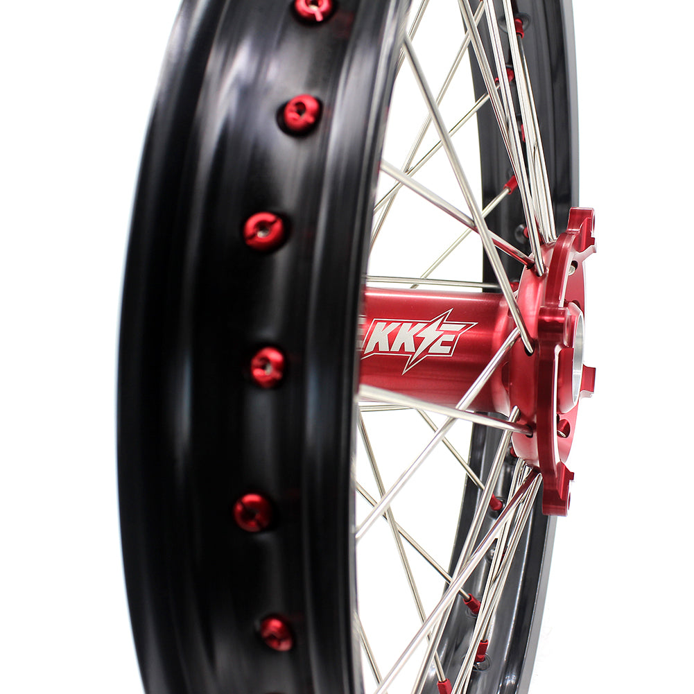KKE 21/19 SPOKED MX WHEELS RIMS SET FOR SUZUKI RMZ250 07-19 RMZ450 05-19 RED ALLOY NIPPLE SILVER SPOKE - KKE Racing