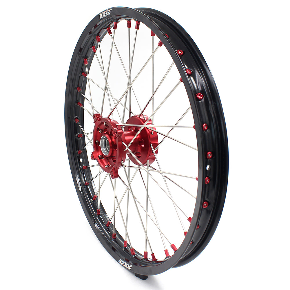 KKE 21/19 SPOKED MX WHEELS RIMS SET FOR SUZUKI RMZ250 07-19 RMZ450 05-19 RED ALLOY NIPPLE SILVER SPOKE - KKE Racing
