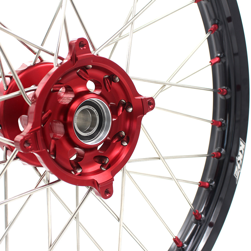 KKE 21/19 SPOKED MX WHEELS RIMS SET FOR SUZUKI RMZ250 07-19 RMZ450 05-19 RED ALLOY NIPPLE SILVER SPOKE - KKE Racing
