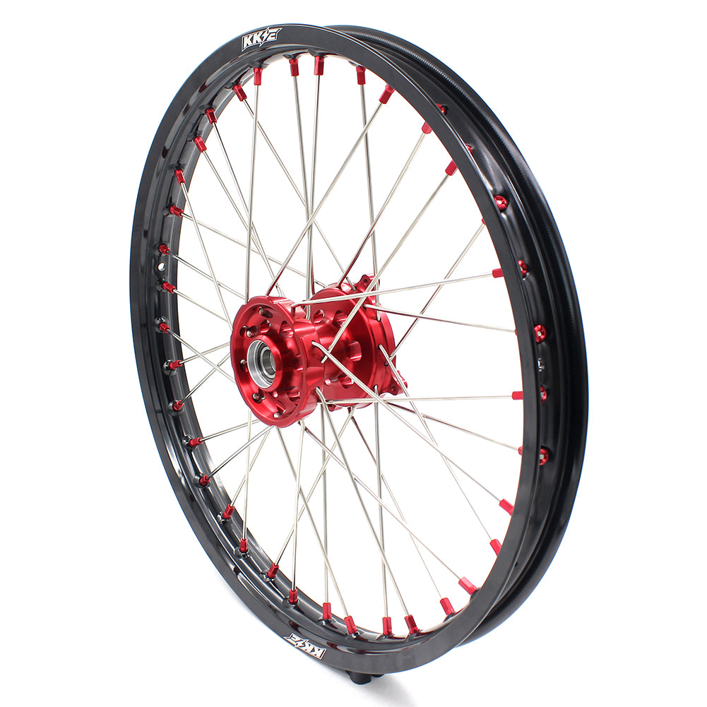 KKE 21/19 SPOKED MX WHEELS RIMS SET FOR SUZUKI RMZ250 07-19 RMZ450 05-19 RED ALLOY NIPPLE SILVER SPOKE - KKE Racing