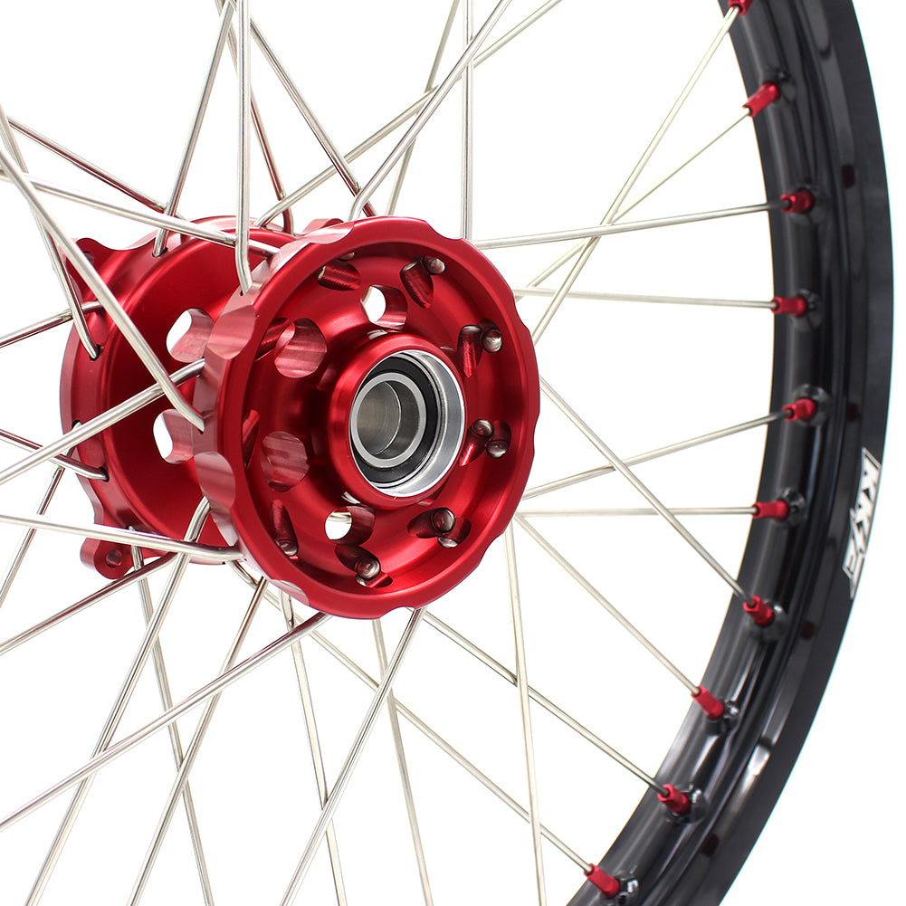 KKE 21/19 SPOKED MX WHEELS RIMS SET FOR SUZUKI RMZ250 07-19 RMZ450 05-19 RED ALLOY NIPPLE SILVER SPOKE - KKE Racing