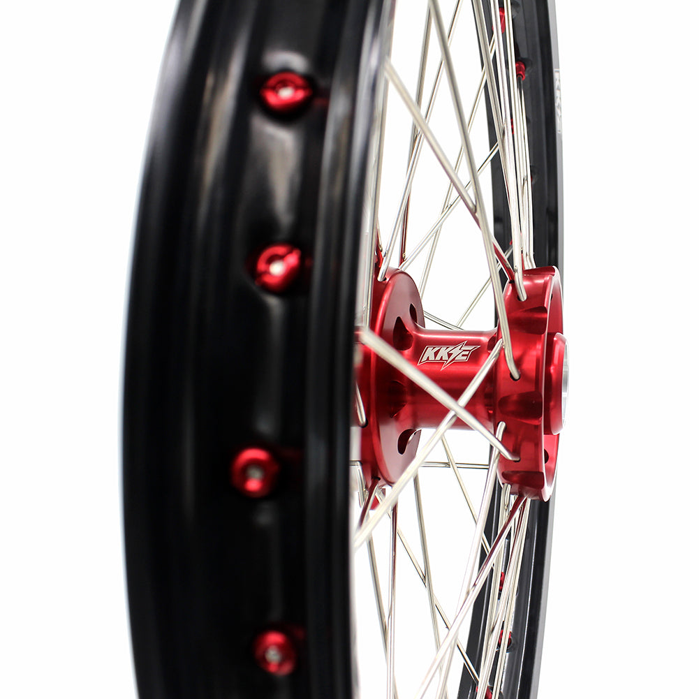 KKE 21/19 SPOKED MX WHEELS RIMS SET FOR SUZUKI RMZ250 07-19 RMZ450 05-19 RED ALLOY NIPPLE SILVER SPOKE - KKE Racing