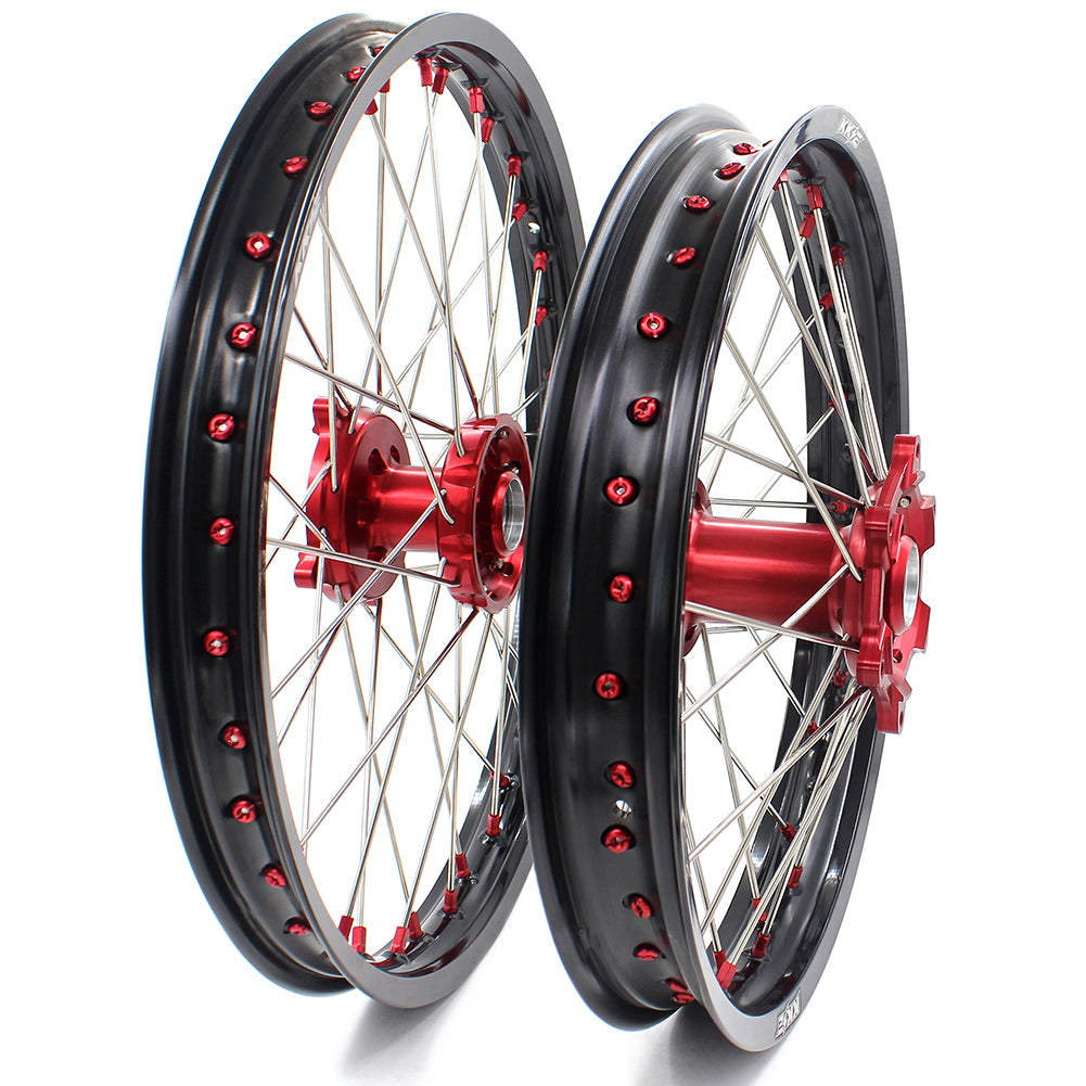 KKE 21/19 SPOKED MX WHEELS RIMS SET FOR SUZUKI RMZ250 07-19 RMZ450 05-19 RED ALLOY NIPPLE SILVER SPOKE - KKE Racing