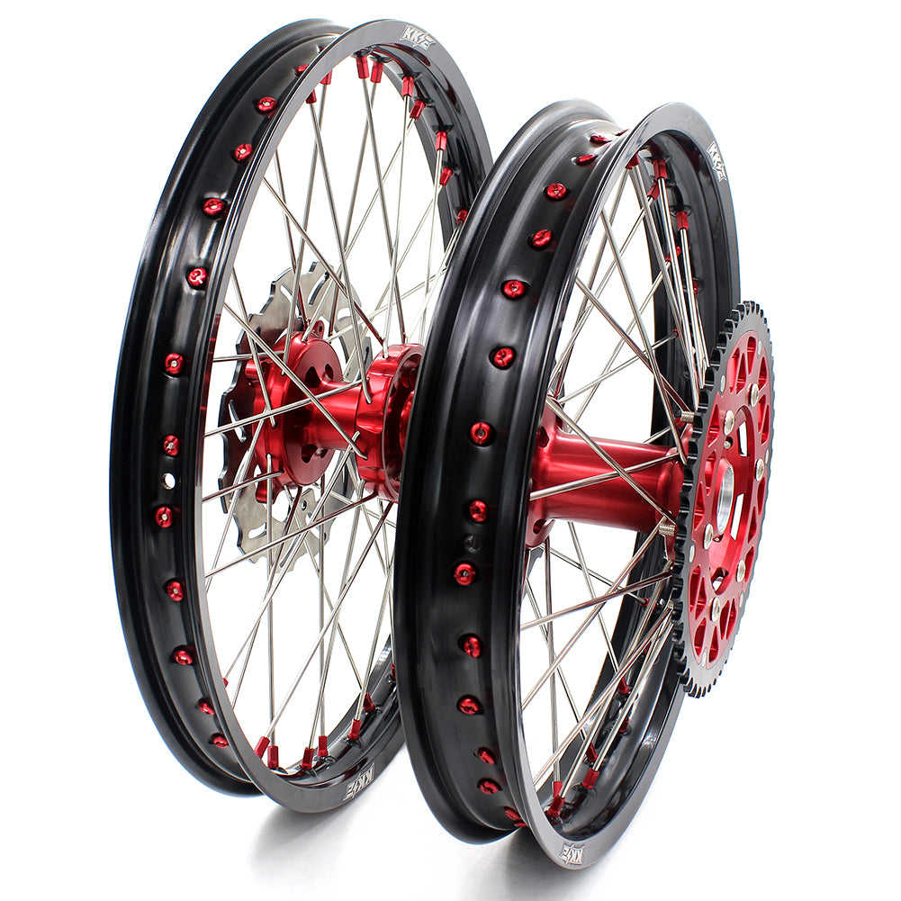 KKE 21/19 SPOKED MX WHEELS RIMS SET FOR SUZUKI RMZ250 07-19 RMZ450 05-19 RED ALLOY NIPPLE SILVER SPOKE - KKE Racing