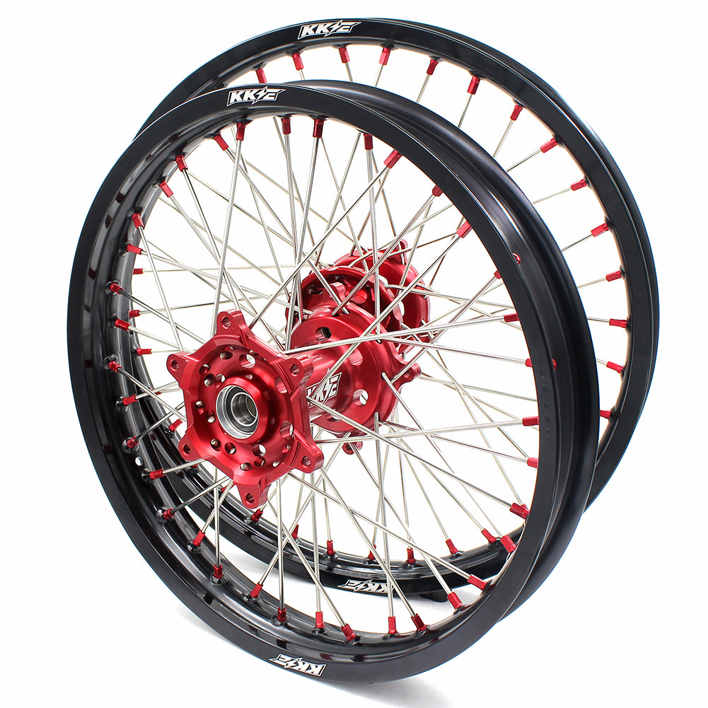 KKE 21/19 SPOKED MX WHEELS RIMS SET FOR SUZUKI RMZ250 07-19 RMZ450 05-19 RED ALLOY NIPPLE SILVER SPOKE - KKE Racing
