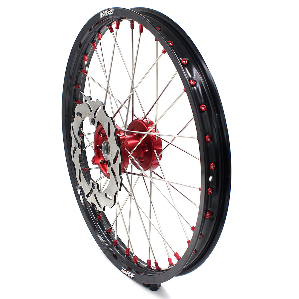 KKE 21/19 SPOKED MX WHEELS RIMS SET FOR SUZUKI RMZ250 07-19 RMZ450 05-19 RED ALLOY NIPPLE SILVER SPOKE - KKE Racing