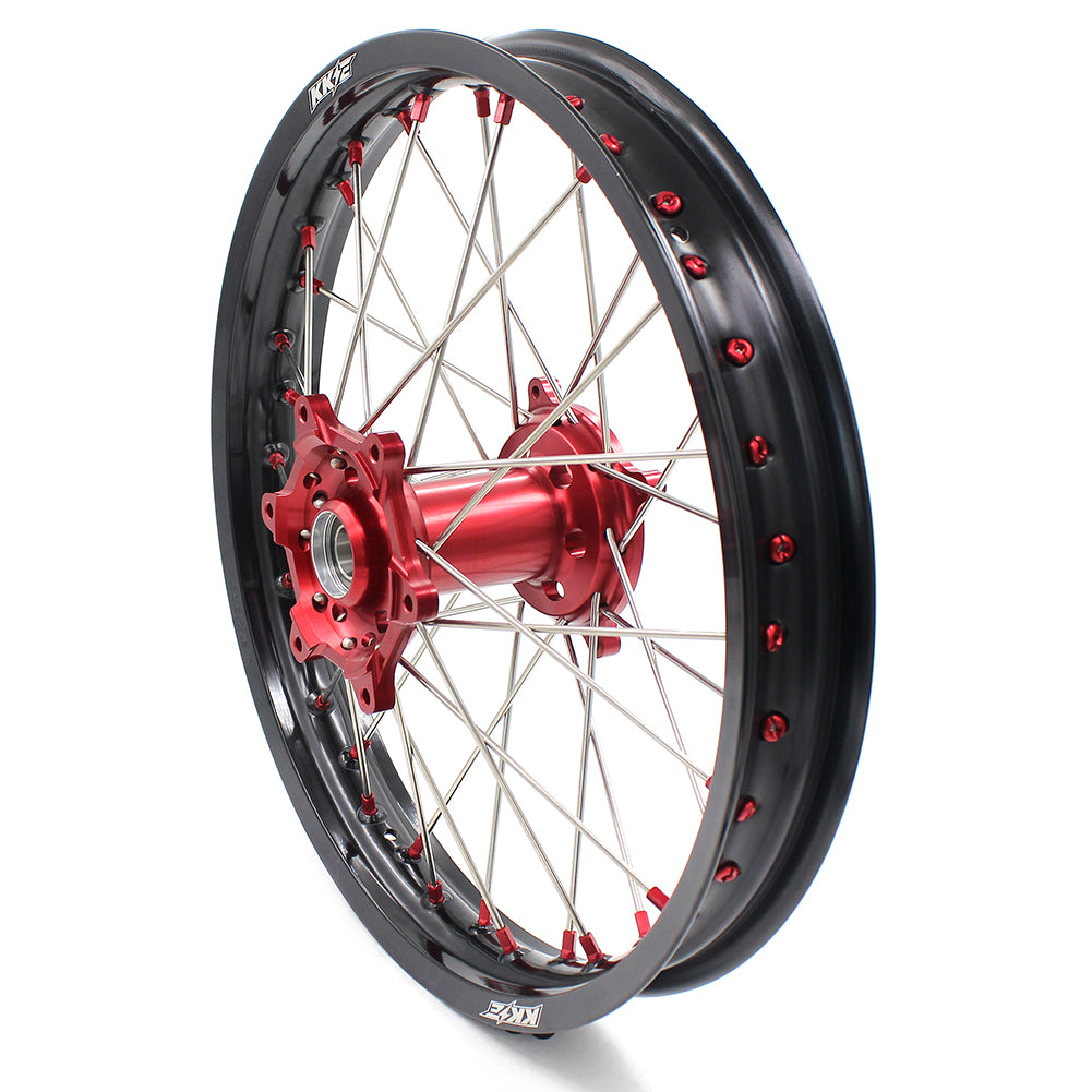 KKE 21/19 SPOKED MX WHEELS RIMS SET FOR SUZUKI RMZ250 07-19 RMZ450 05-19 RED ALLOY NIPPLE SILVER SPOKE - KKE Racing