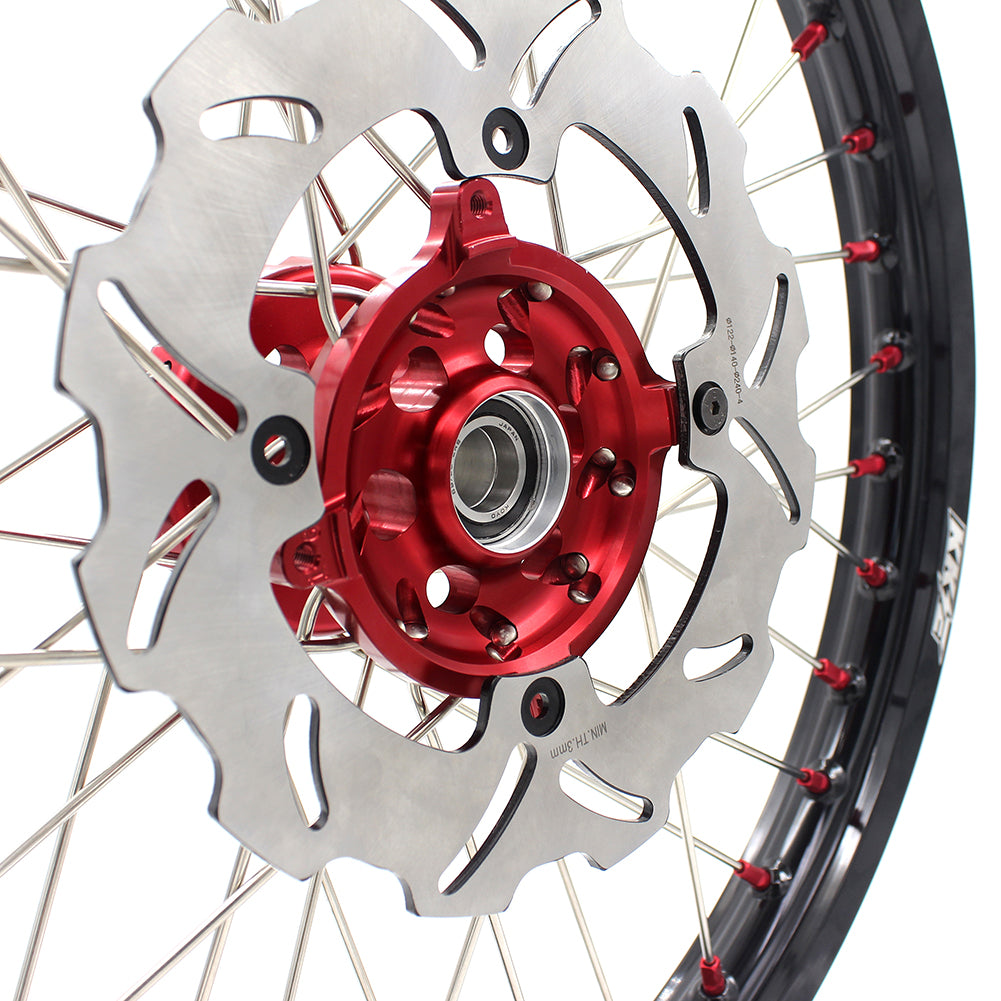 KKE 21/19 SPOKED MX WHEELS RIMS SET FOR SUZUKI RMZ250 07-19 RMZ450 05-19 RED ALLOY NIPPLE SILVER SPOKE - KKE Racing