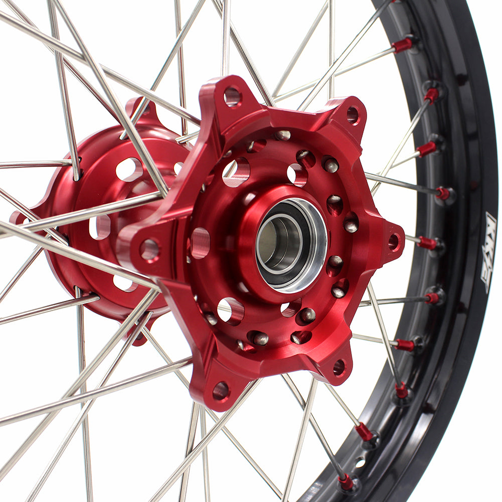 KKE 21/19 SPOKED MX WHEELS RIMS SET FOR SUZUKI RMZ250 07-19 RMZ450 05-19 RED ALLOY NIPPLE SILVER SPOKE - KKE Racing