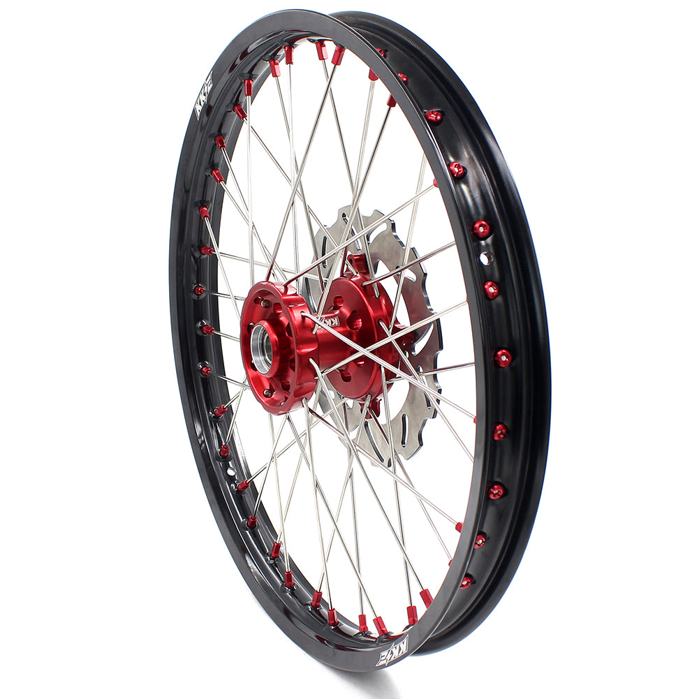 KKE 21/19 SPOKED MX WHEELS RIMS SET FOR SUZUKI RMZ250 07-19 RMZ450 05-19 RED ALLOY NIPPLE SILVER SPOKE - KKE Racing