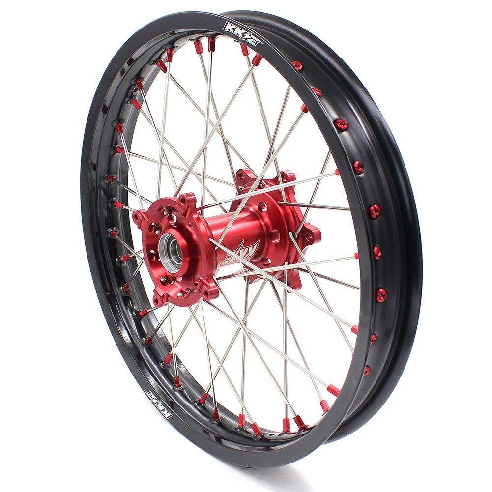 KKE 21/19 SPOKED MX WHEELS RIMS SET FOR SUZUKI RMZ250 07-19 RMZ450 05-19 RED ALLOY NIPPLE SILVER SPOKE - KKE Racing
