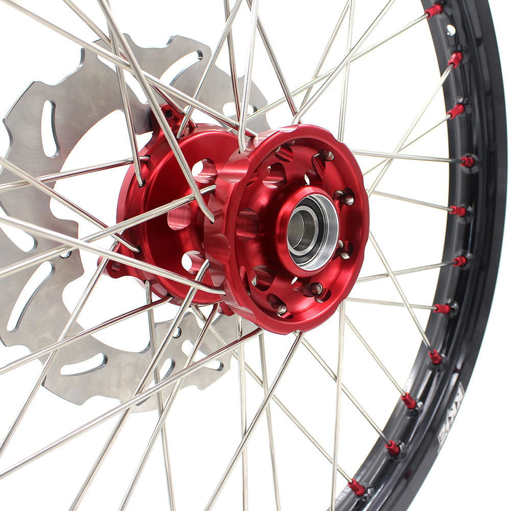 KKE 21/19 SPOKED MX WHEELS RIMS SET FOR SUZUKI RMZ250 07-19 RMZ450 05-19 RED ALLOY NIPPLE SILVER SPOKE - KKE Racing