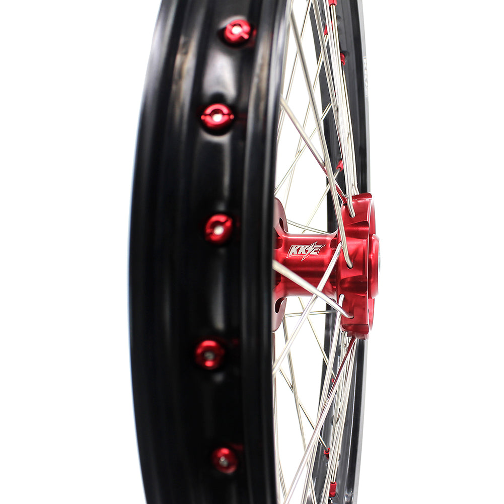 KKE 21/19 SPOKED MX WHEELS RIMS SET FOR SUZUKI RMZ250 07-19 RMZ450 05-19 RED ALLOY NIPPLE SILVER SPOKE - KKE Racing